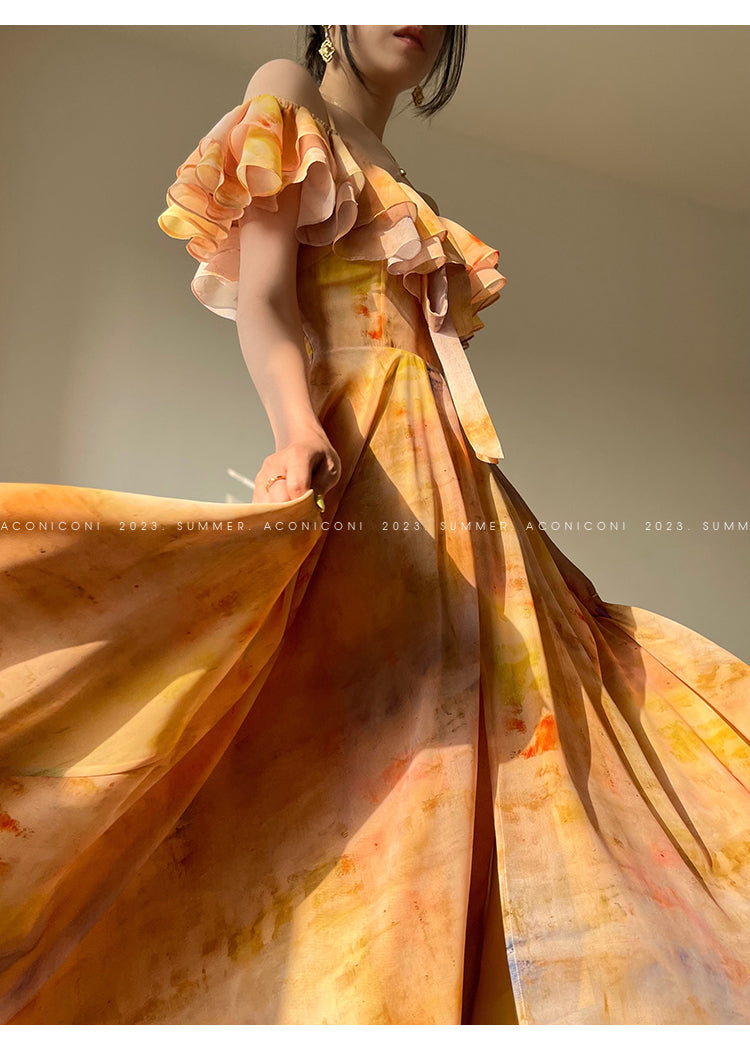 Aconiconi Elegant Oil Painting Square Collar Ruffle cocktail Dress- Floating Light Painting Summer