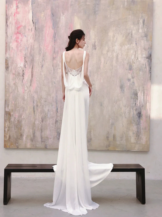 DOLLY Luxury White Graceful Sleeveless Square Collar Wedding Dress-MARY