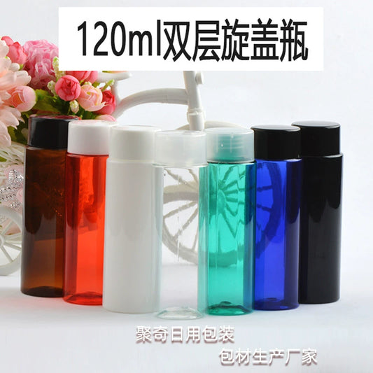 120ML flat shoulder double screw cap plastic sub-bottle with inner plug 24 caliber lotion bottle PET packaging material