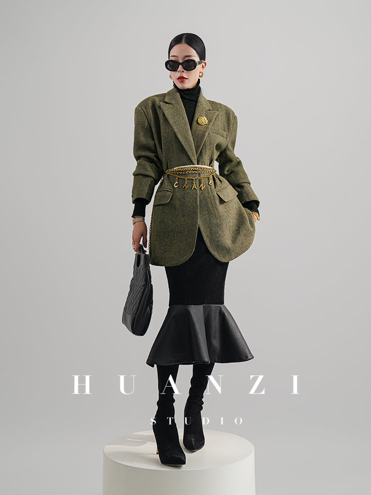 Huanzi high-end retro autumn and winter 100% wool waist suit jacket - Cassie