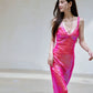 DOLLY Elegant Pink Barbie V-Neck Sleeveless Sequin Long Party Dress-JOY