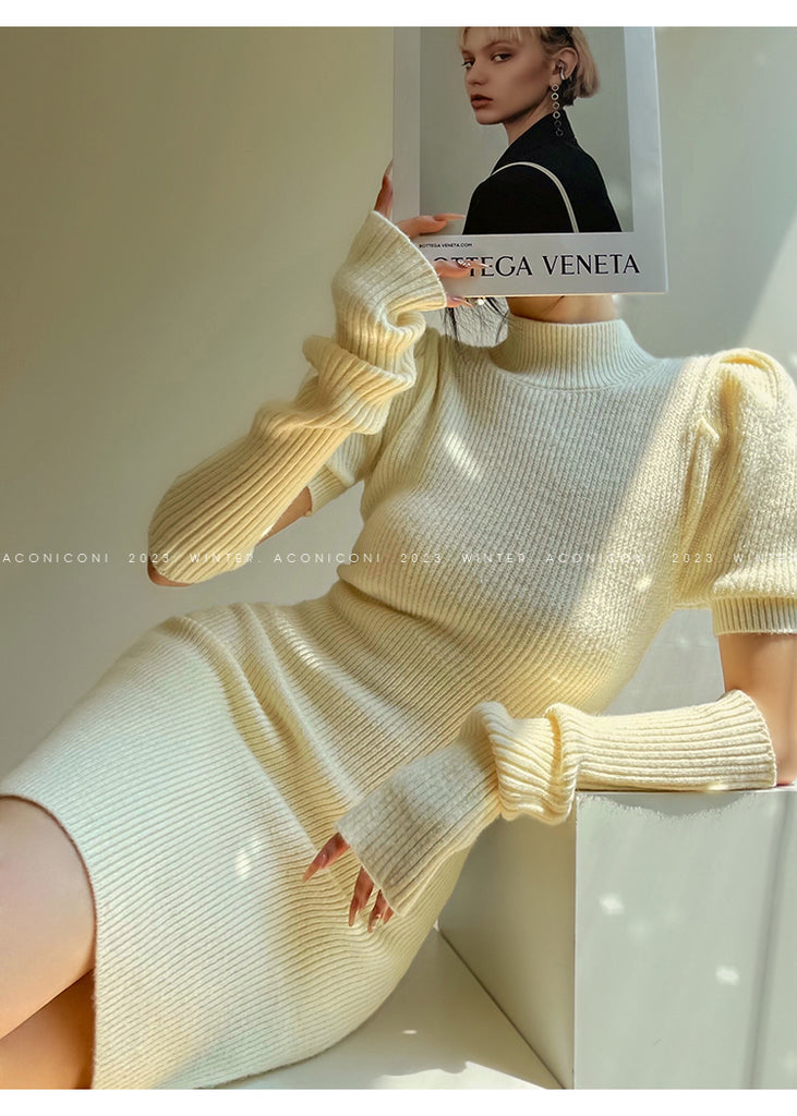 Cream milk red knitted puff sleeve sweater dress-  Mousse Milk Puff