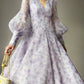 Aconiconi Elegant V-Neck Long Sleeve High Waist Swing tea  Dress- Cloud soaked Wisteria