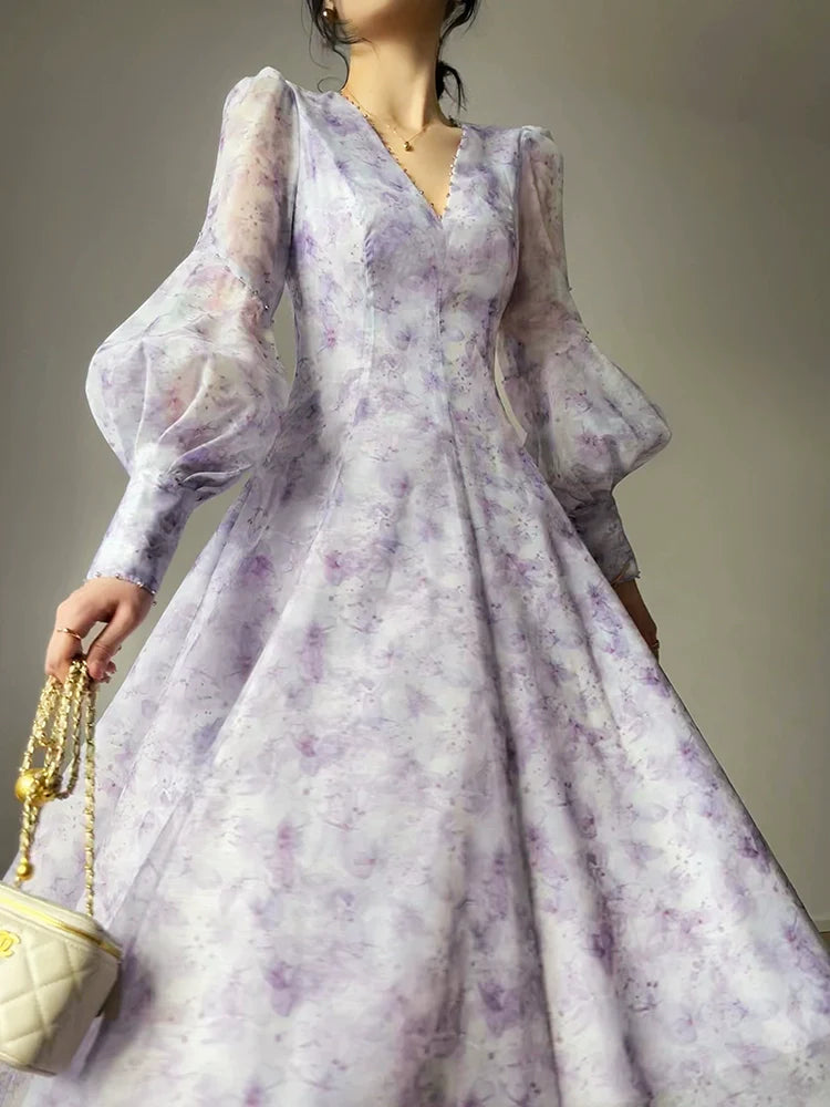 Aconiconi Elegant V-Neck Long Sleeve High Waist Swing tea  Dress- Cloud soaked Wisteria