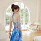 DOLLY Elegant Blue Sleeveless Printed Halter Neck Chiffon Long Resort Dress-HARRIET