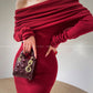 French shoulder body con knit off shoulder fall winter dress - Smoky Rose