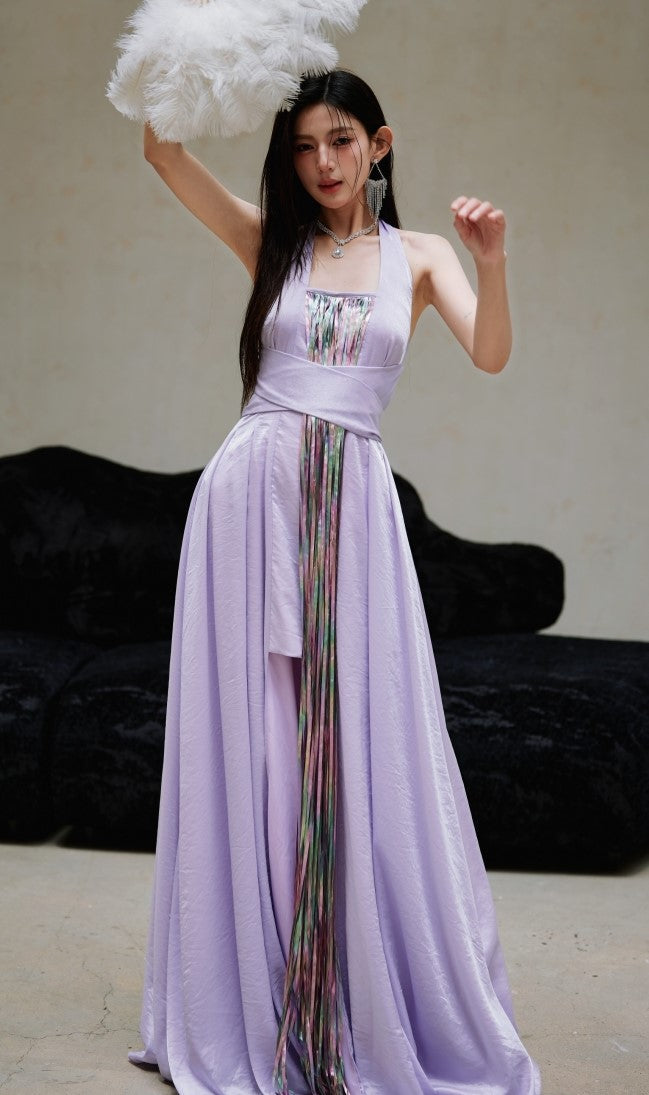 DOLLY Luxury Purple Halter Neck Backless Tassel Sexy Long Party Dress-Babe