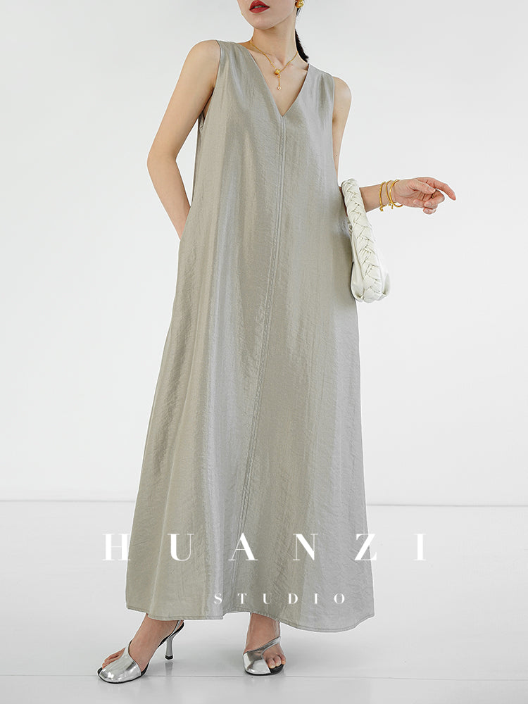 Huanzi custom high-end long sleeveless V-neck dress summer - Miel