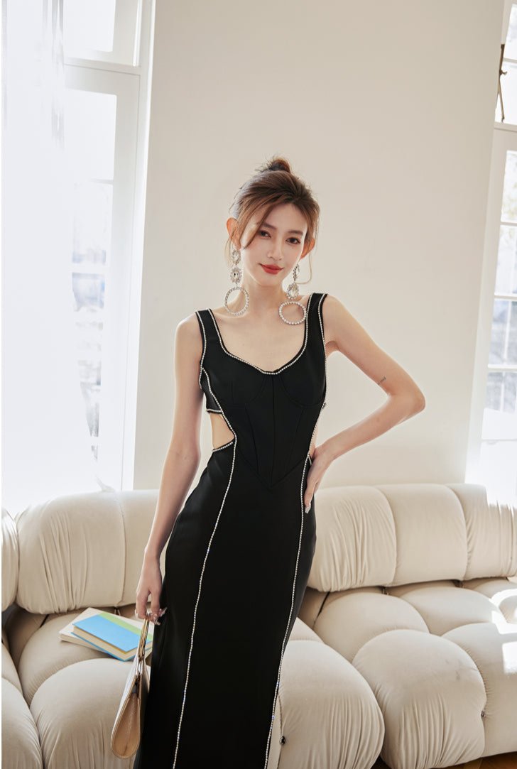 DOLLY Elegant Black V-Neck Sleeveless Waist Baring High Slit Long Cocktail Dress-IMELDA