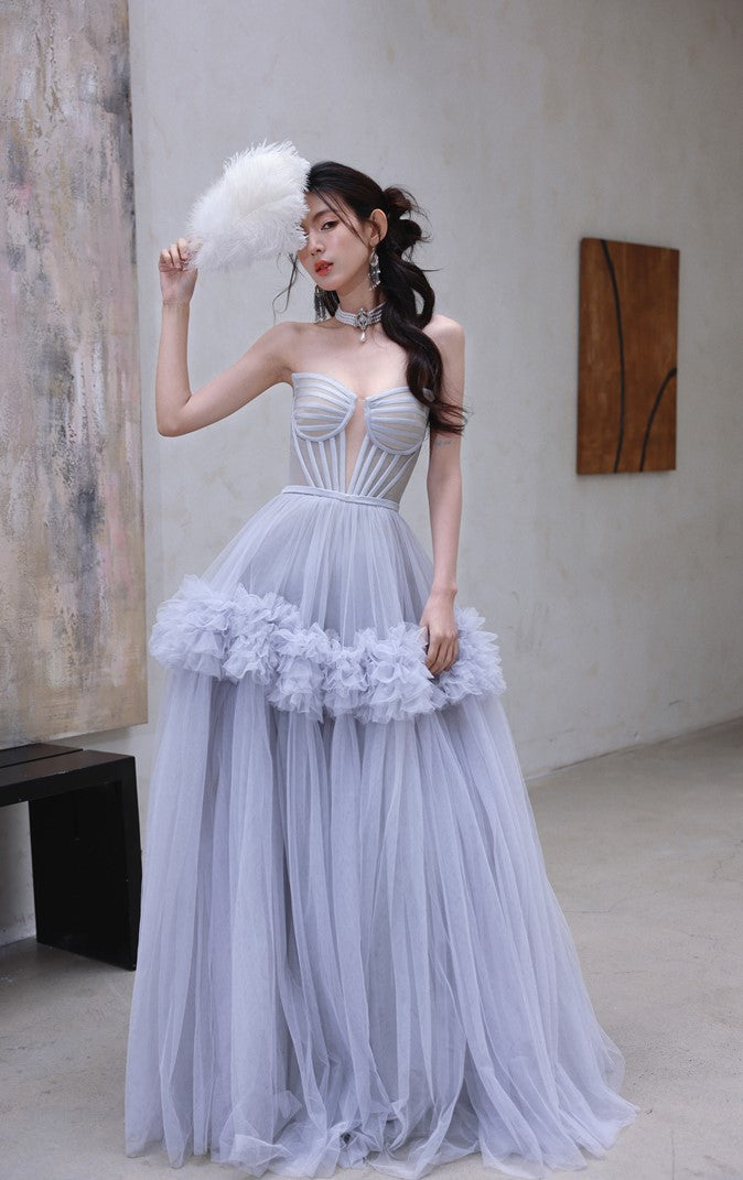 DOLLY Elegant Fog Blue strapless Bandeau High Waist Tutu wedding Dress- vero