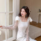 DOLLY Elegant White Square Collar Lace Long Sleeve Midi Banquet Dress-MALOY