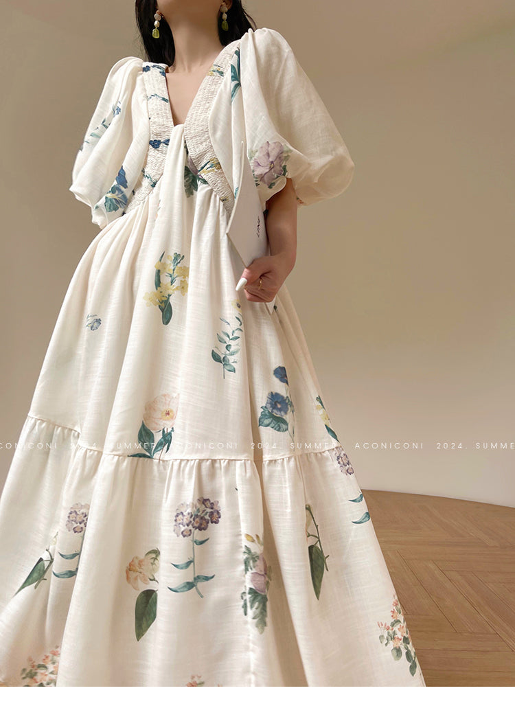 Aconiconi Elegant  Retro Floral Print V-Neck Short Sleeve Holiday Long Dress-Tingting Qingyao