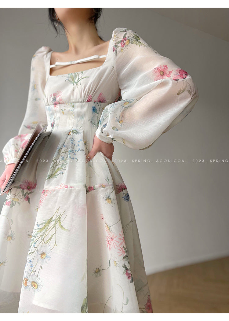 Aconiconi Elegant French Floral Print Square Neck Long Sleeve Dress- Flower Forest Girl