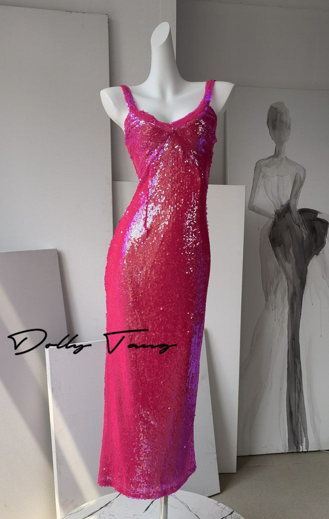 DOLLY Elegant Pink Barbie V-Neck Sleeveless Sequin Long Party Dress-JOY