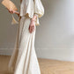 Aconiconi Elegant Beige Crew Neck Top/ High Waist Loose Long Skirt- Sea of Clouds Wind Chime