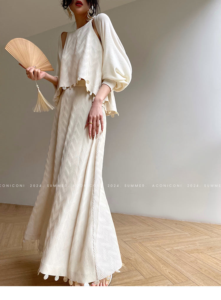 Aconiconi Elegant Beige Crew Neck Top/ High Waist Loose Long Skirt- Sea of Clouds Wind Chime