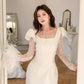 DOLLY Elegant White Square Collar Lace Long Sleeve Midi Banquet Dress-MALOY