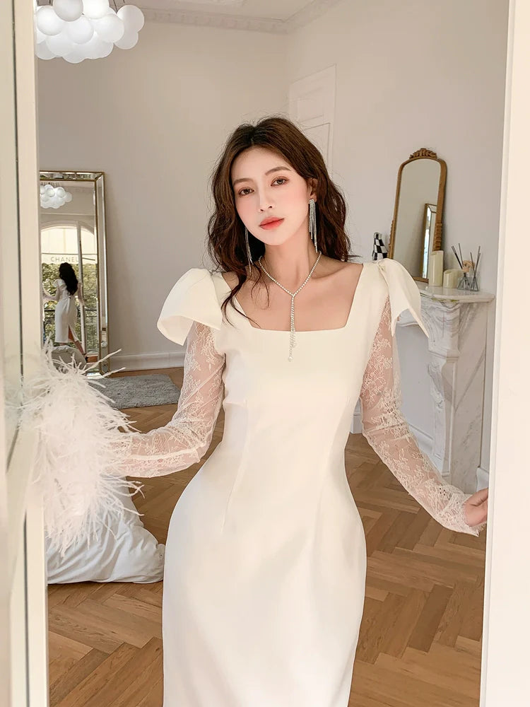 DOLLY Elegant White Square Collar Lace Long Sleeve Midi Banquet Dress-MALOY