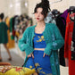 Blue autumn fall winter  Wool hand-beaded yellow crystal stones  top + skirt two-piece set
