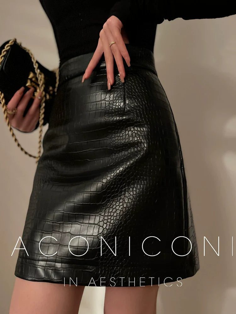 Aconiconi Elegant High Waist Short PU Leather Chic Skirt-Holiday Love Poems