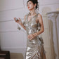 DOLLY Elegant Retro Sliver Gold Deep V-Neck Sleeveless Flower Long Cocktail Dress- Nisa