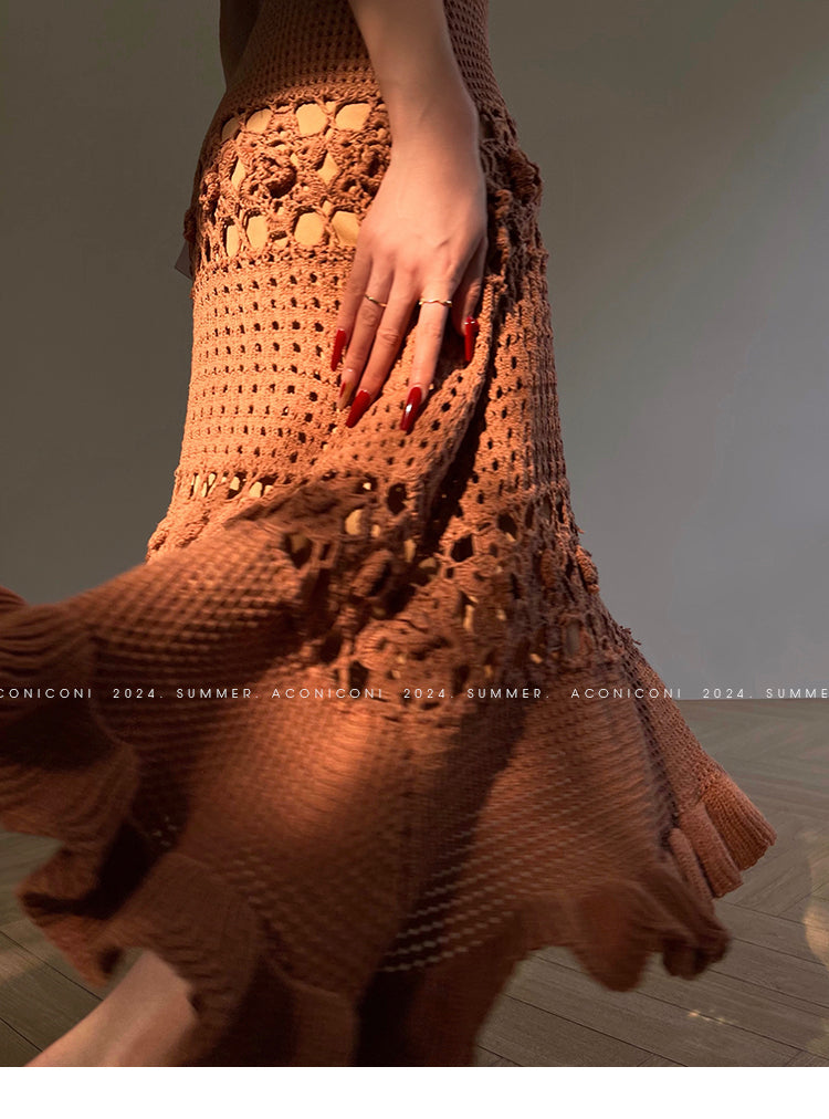 Aconiconi Elegant Brown Sleeveless 100% cotton Crochet Knitted Long midi Dress - Alice Dream