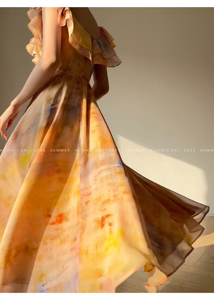 Aconiconi Elegant Oil Painting Square Collar Ruffle cocktail Dress- Floating Light Painting Summer