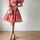 Aconiconi Luxury Square neck Short Puff Sleeve A-Line Short Dress- Sunset Rose Starry