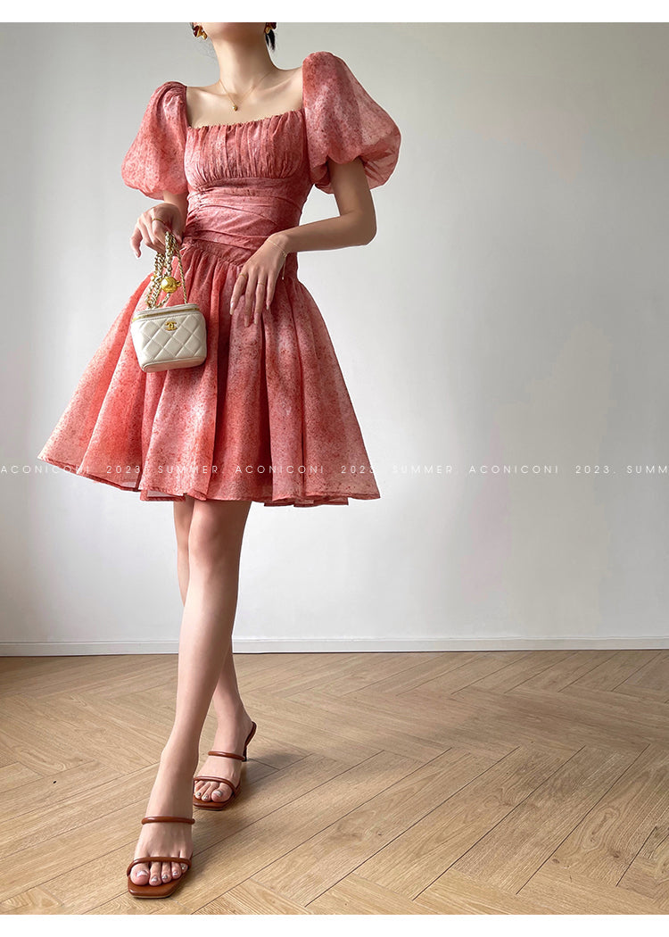 Aconiconi Luxury Square neck Short Puff Sleeve A-Line Short Dress- Sunset Rose Starry