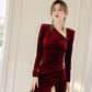 DOLLY Elegant Burgundy V-Neck Long Sleeve Velvet Long Slit Formal Dinner Dress-HAZEL