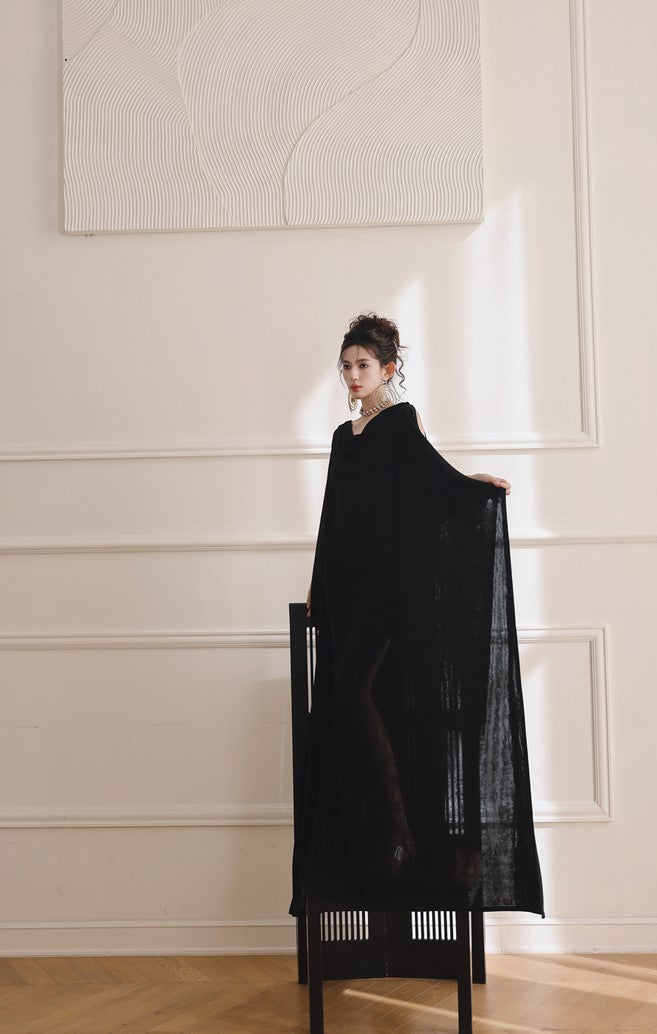 DOLLY Elegant Black Swing Collar Sleeveless Open Back Drape Dress-Kaka (V)