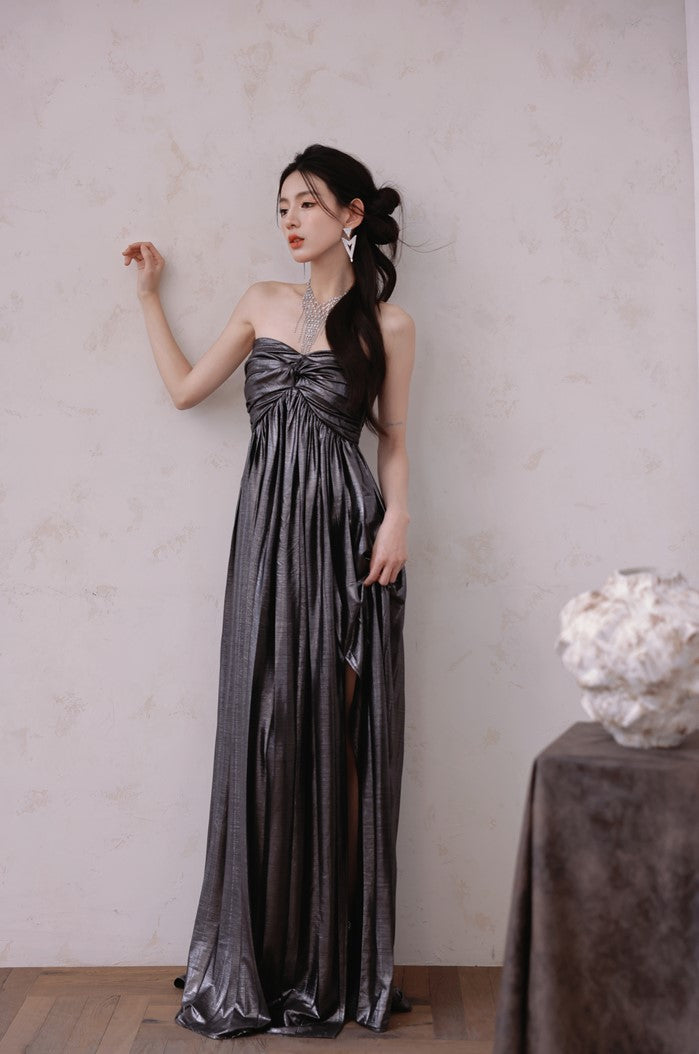 DOLLY Luxury Metallic Ash Pleated Tube Top Long Slit Dress-VIVA