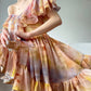 Aconiconi Elegant Oil Painting Square Collar Ruffle cocktail Dress- Floating Light Painting Summer