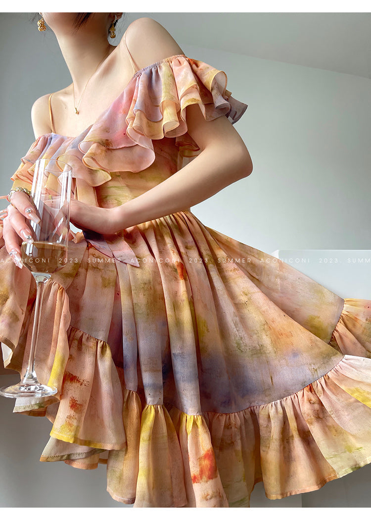 Aconiconi Elegant Oil Painting Square Collar Ruffle cocktail Dress- Floating Light Painting Summer