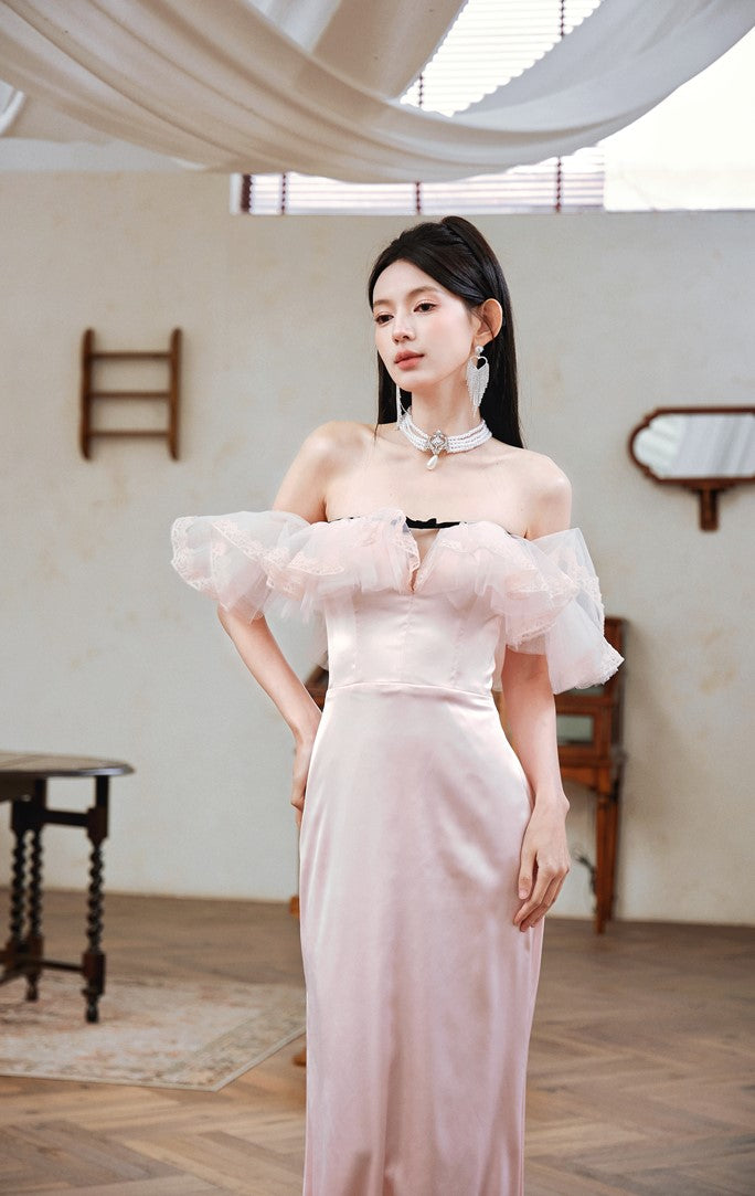 DOLLY Elegant Pastel pink Ruffle Sleeves Long Party Dress- Mina