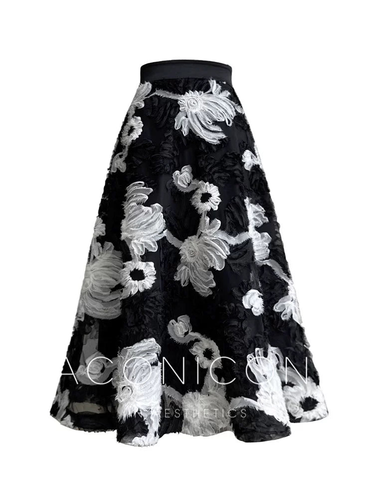 Aconiconi Elegant Black Retro Flower Embroidered High Waist Midi Skirt- Cedar Late Forest