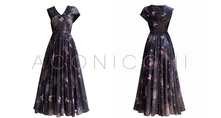 Aconiconi Elegant ButterFly Print Short Sleeve Long Swing Dress- Butterfly Phantom