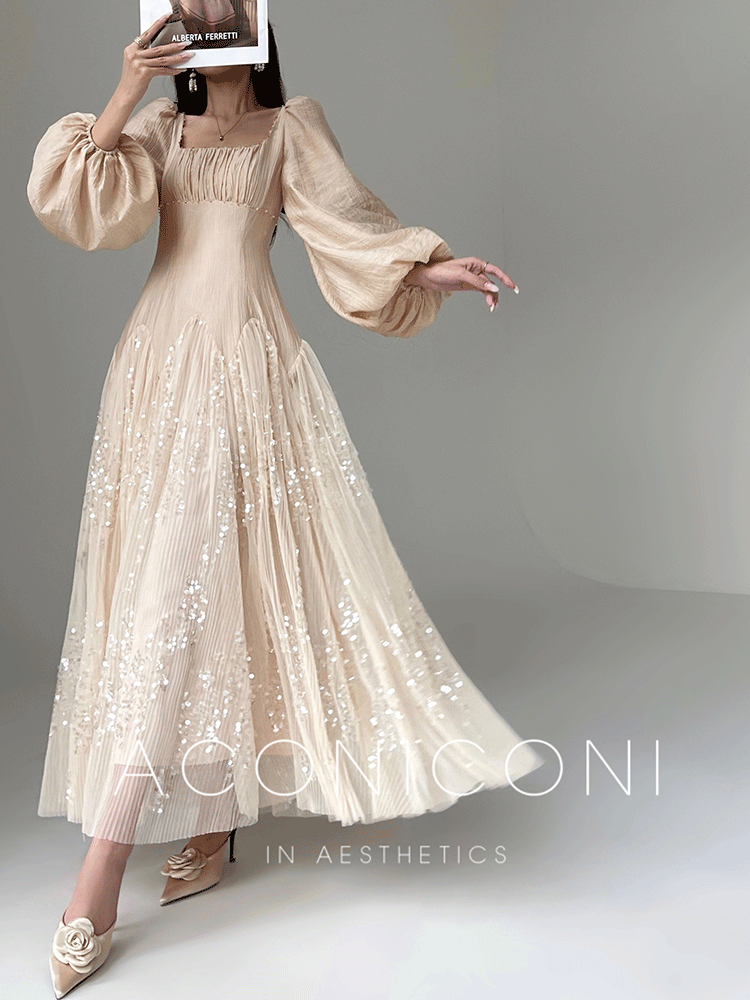 Aconiconi Luxury Black/Beige Long Sleeve Long bridal Sequin Dress- Moonlight Celebrity