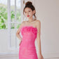 DOLLY Elegant Pink Off Shoulder Feather Sequin Tube Top Short Party Dress-AMELIA