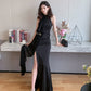 DOLLY Elegant Retro Style Black Sleeveless Halter Neck Long Chiffon Dress