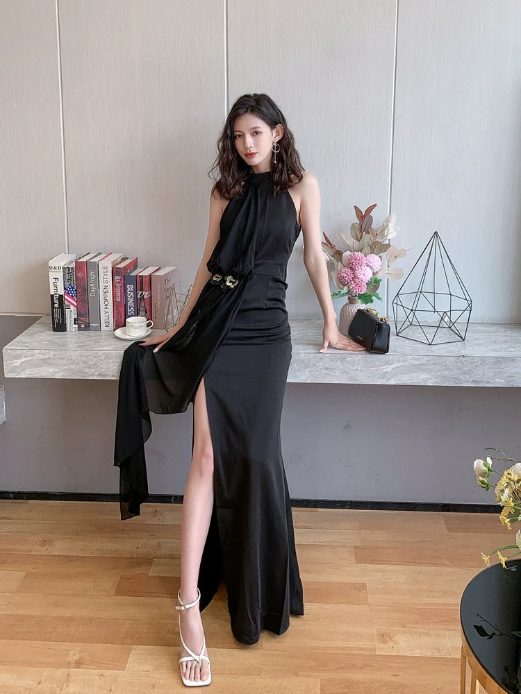 DOLLY Elegant Retro Style Black Sleeveless Halter Neck Long Chiffon Dress