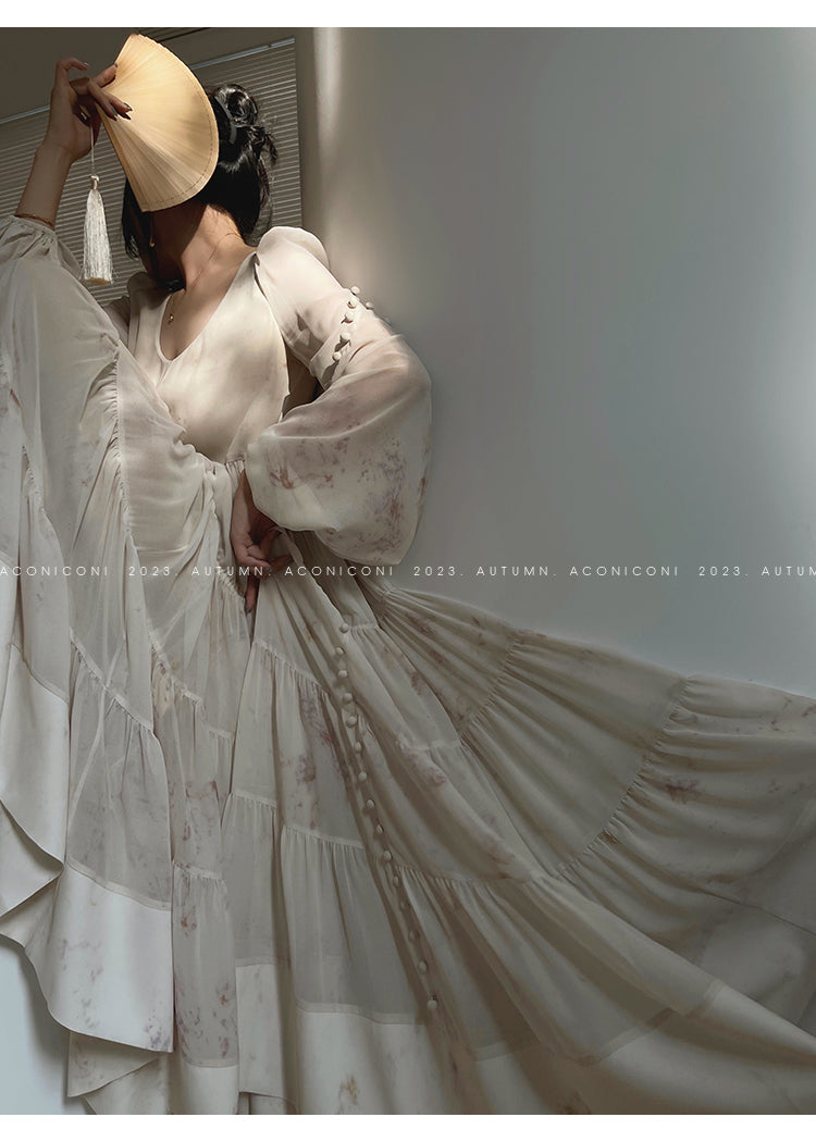 Aconiconi| French print fairy vacation loose chiffon long dress - Huanxi  dream