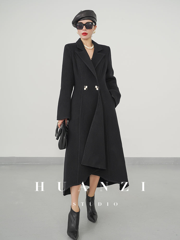 Huanzi double-sided cashmere women's black wool autumn winter coat - Muinw