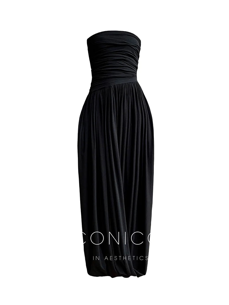 Aconiconi Elegant Black strapless Long Tube Top Dinner Dress  - Hibiscus evening