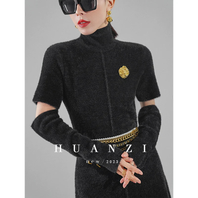 Huanzi French backless Hepburn black elegant mid-length autumn winter dress