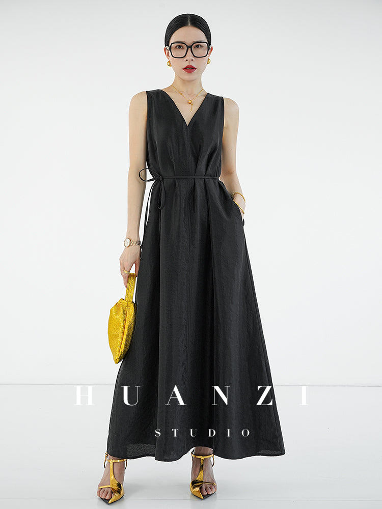 Huanzi custom high-end long sleeveless V-neck dress summer - Miel