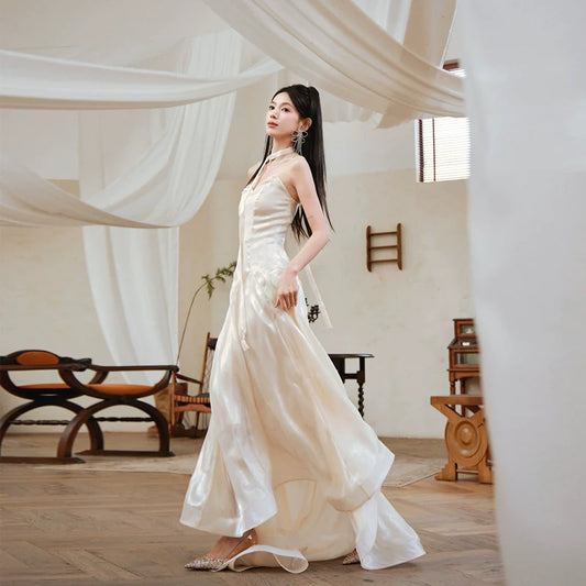 DOLLY High End Cream Sleeveless satin slip flow Wedding Dress-SONNI