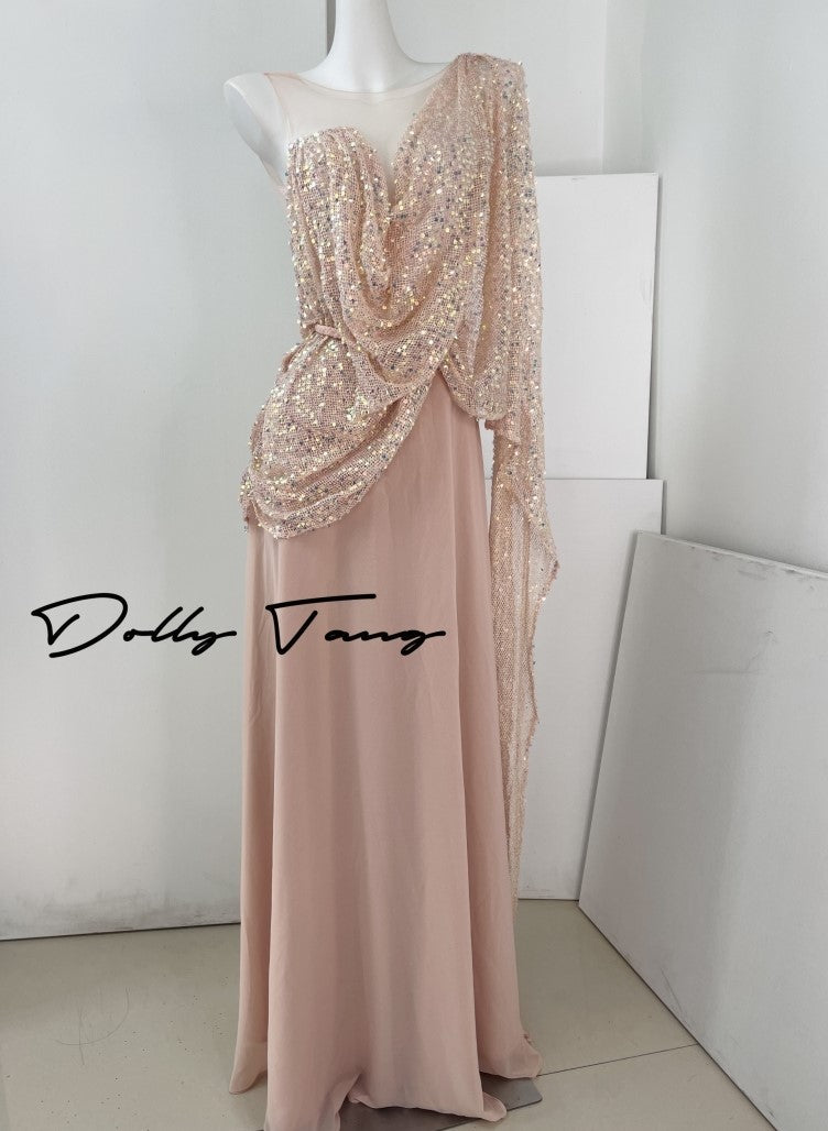 DOLLY Luxury Pink Greek Style Deep V-Neck Sleeveless draped Long Prom Dress-Ulaia