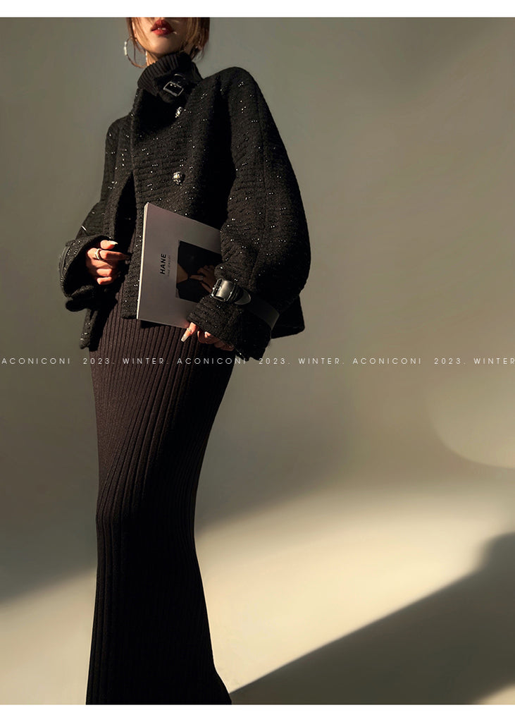 Black night wool two-piece coat jacket skirt - Utopia moonlit