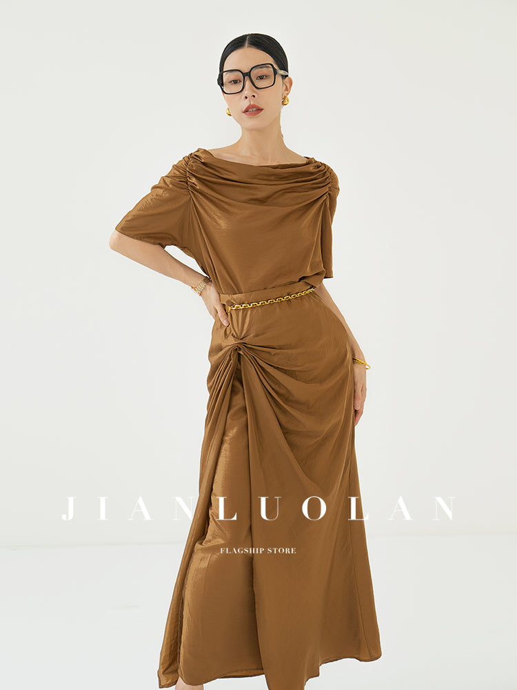 Huanzi custom pleated short-sleeved top + high-waisted heavy kneaded pleated shape split skirt suit